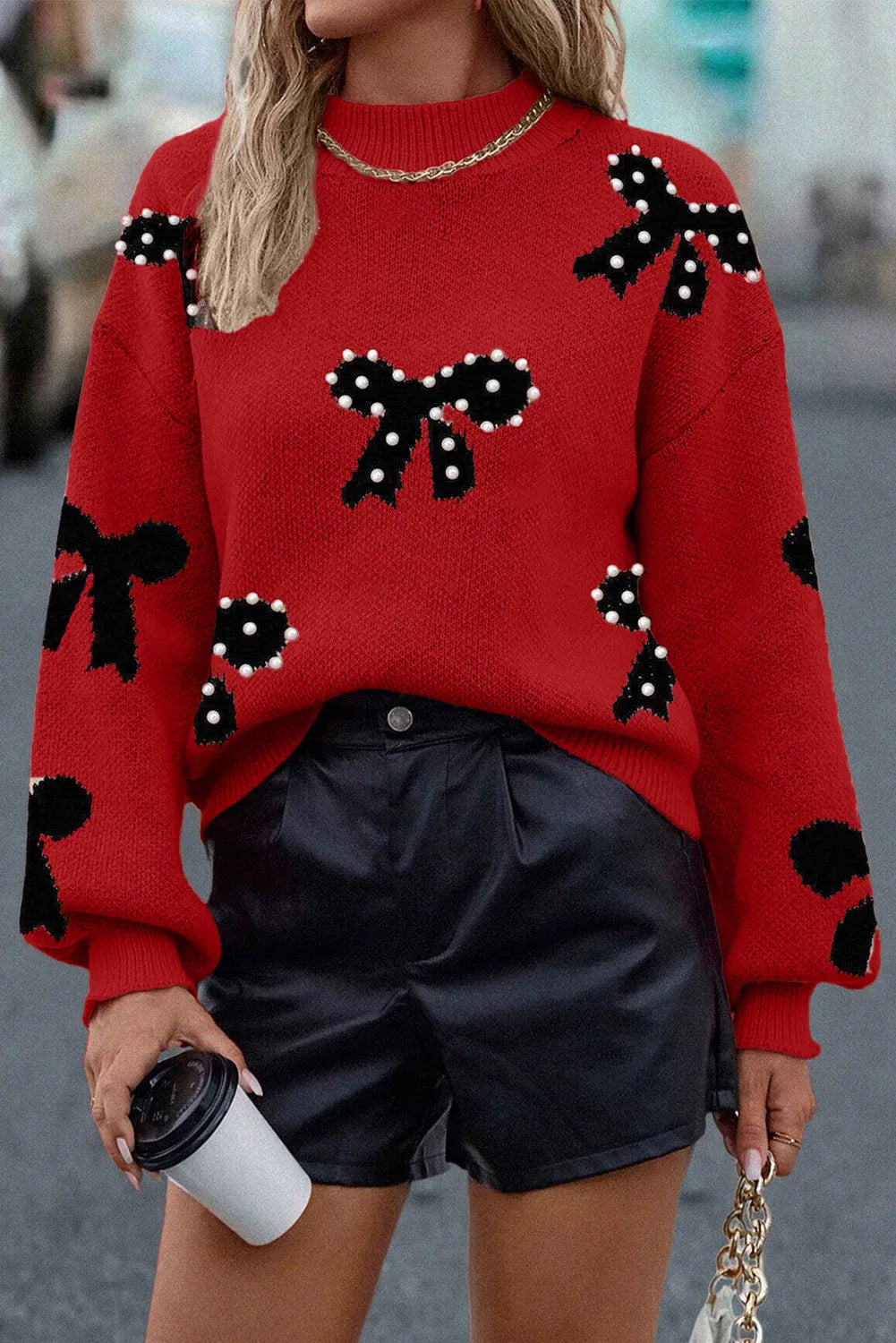 Pearl Embellished Bow Pattern Loose Sweater