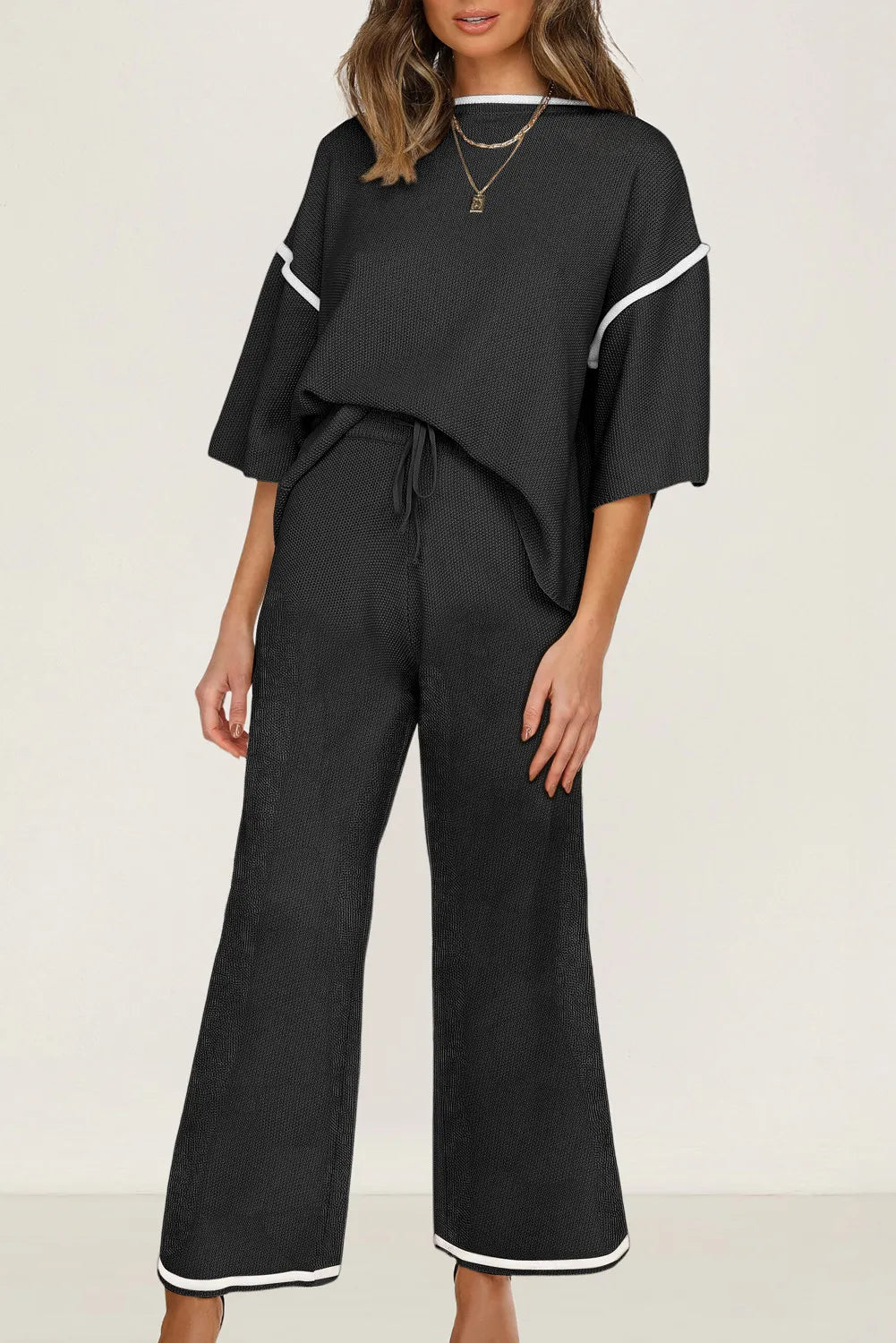 Black with White Contrast Trim Half Sleeve Top Drawstring Pants Loose 2pcs Sweater Suit