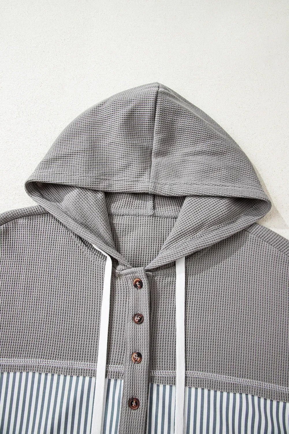 Gray Waffle Printed Patchwork Drawstring Hooded Long Sleeve Top
