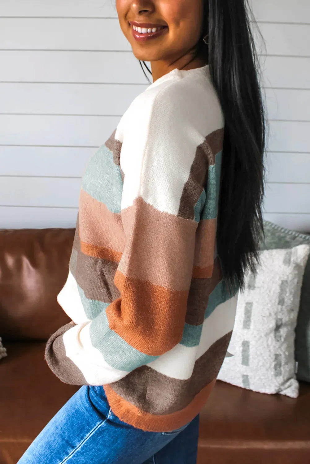 Muted Fall Striped Color Block Knit Drop Shoulder Sweater