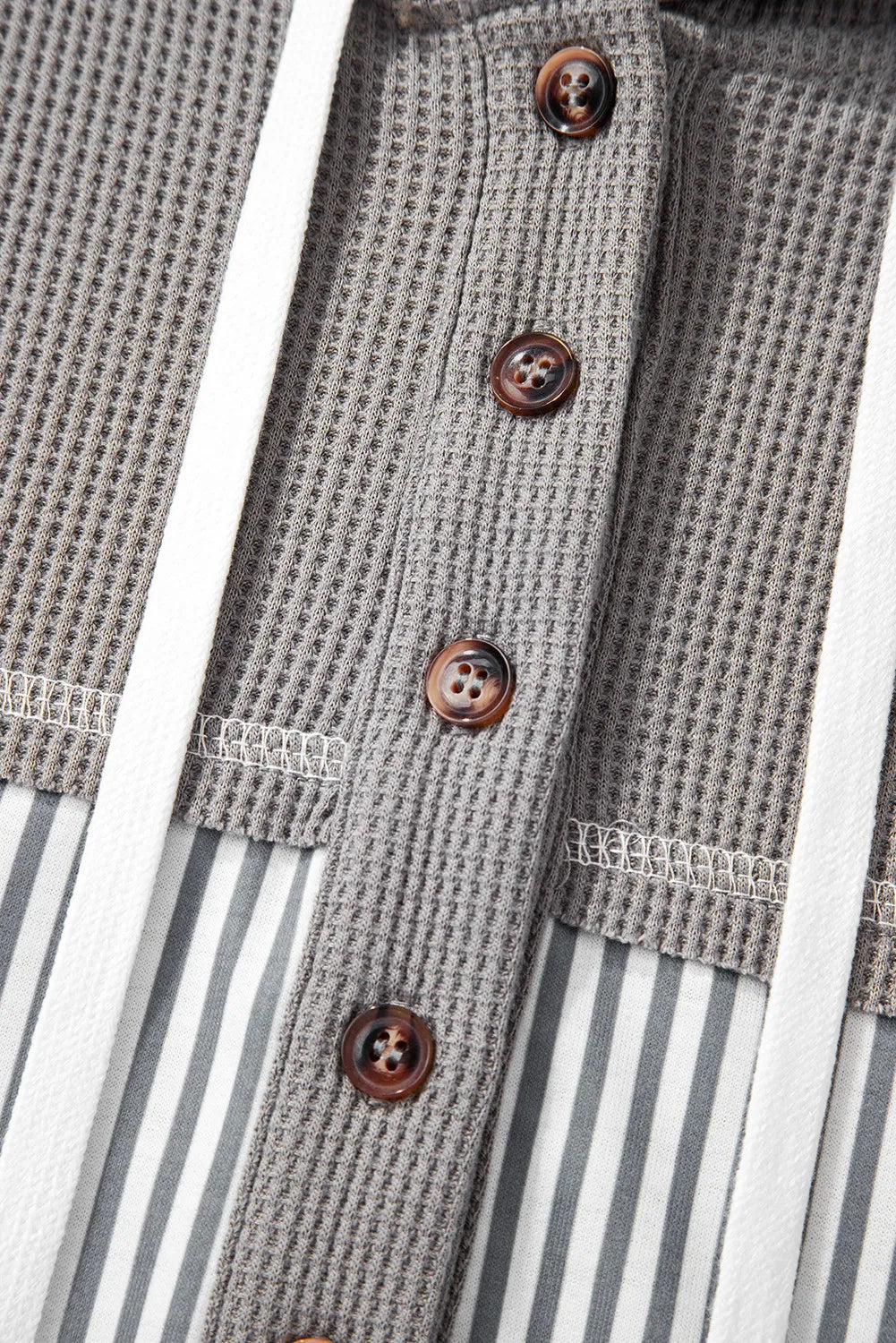 Gray Waffle Printed Patchwork Drawstring Hooded Long Sleeve Top