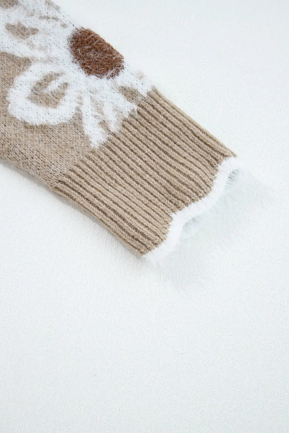 Smoke Gray Plush Flower Pattern Scalloped Trim V Neck Sweater