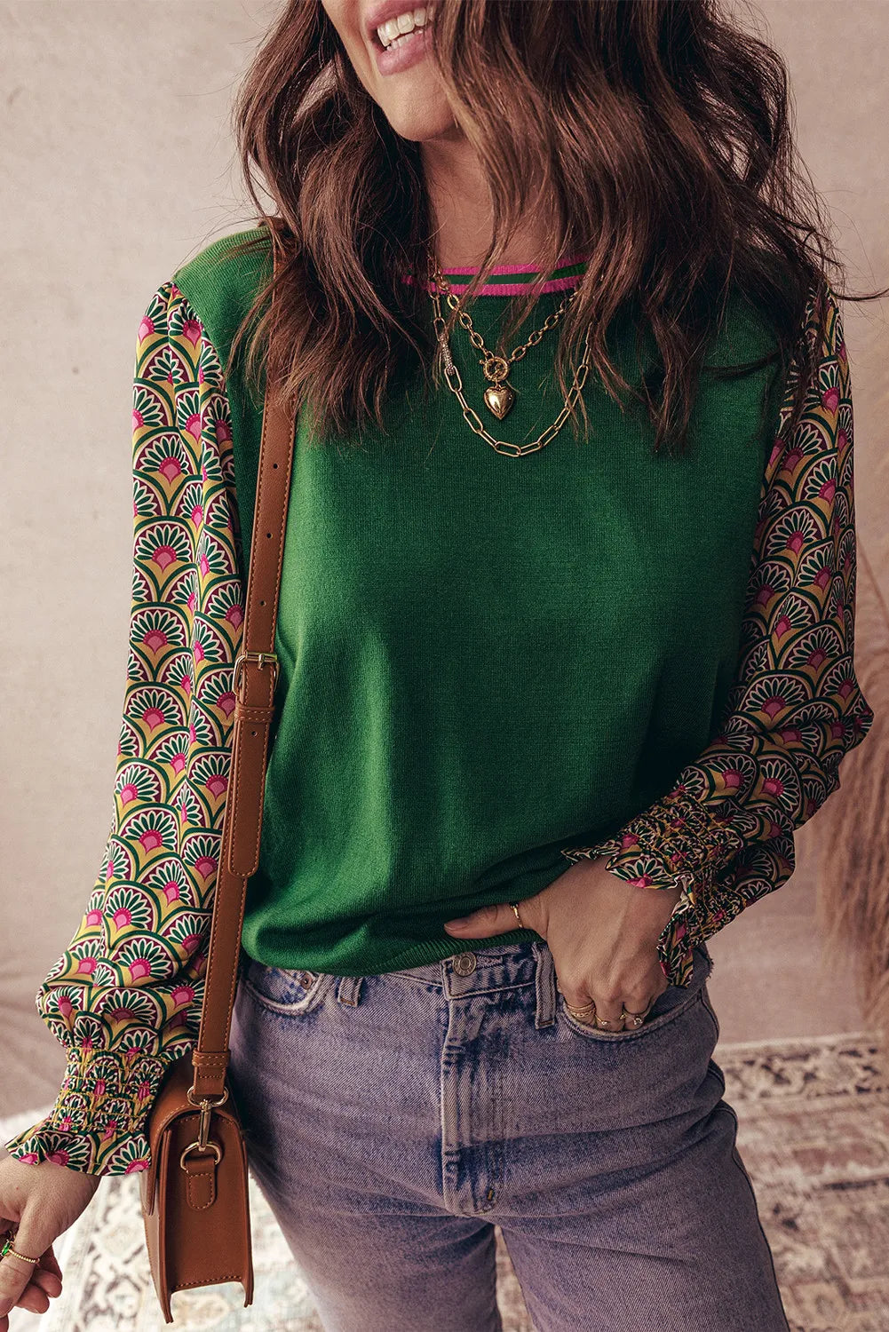 Green Floral Patchwork Shirred Cuff Puff Sleeve Sweater