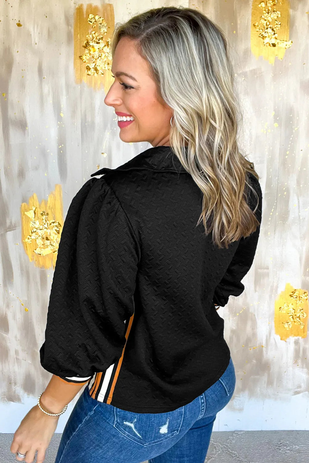 Black Stylish Textured Striped Patchwork Polo Collar Pullover Sweatshirt 3/4 Sleeve