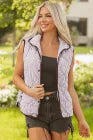 Brown Stripe Contrast Trim Snap Button Collared Winter Vest