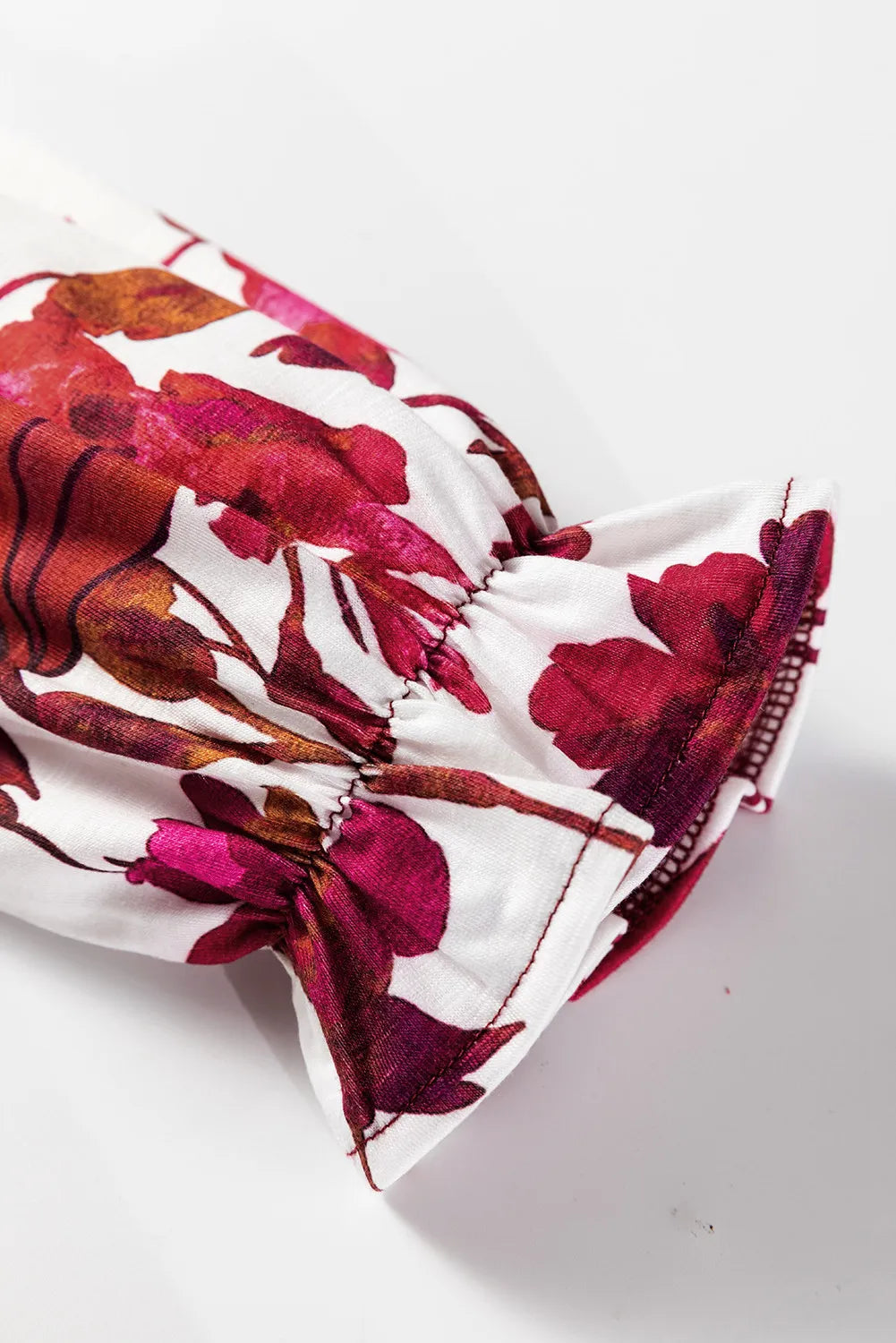 Wild Ginger Contrast Floral Sleeve Solid Ribbed Body Patchwork Long Sleeve Top