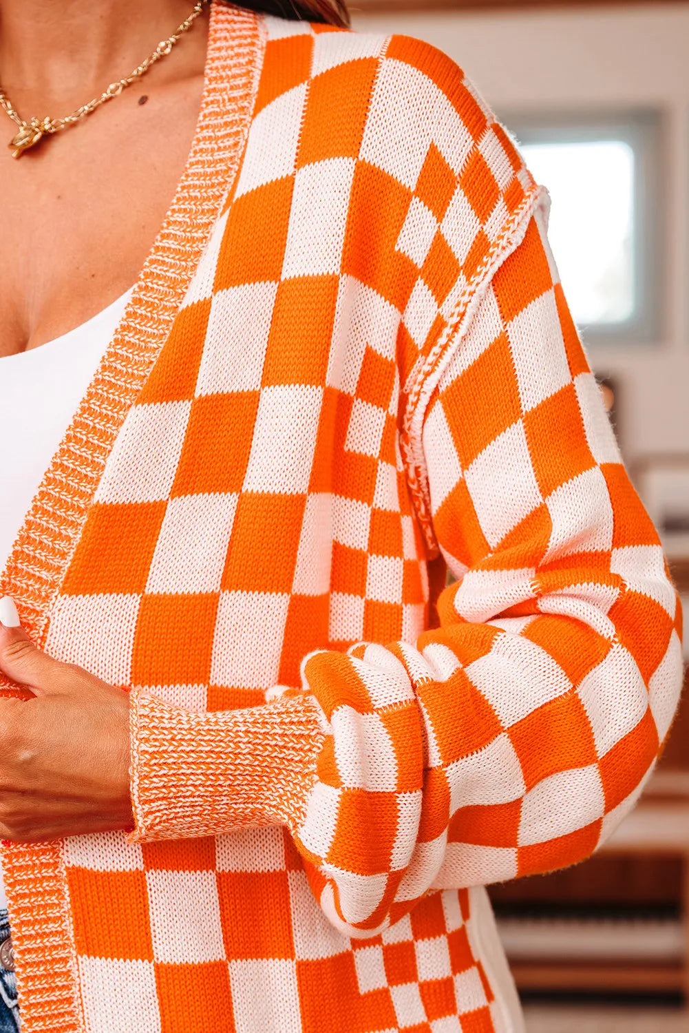 Orange Regular & Plus Size Checkered Bubble Sleeve Drop Shoulder Open Cardigan