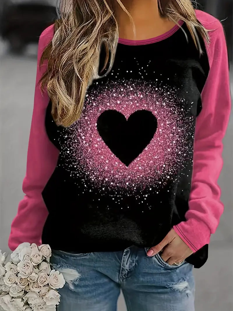 Heart Print Color Block Sweatshirt 9080