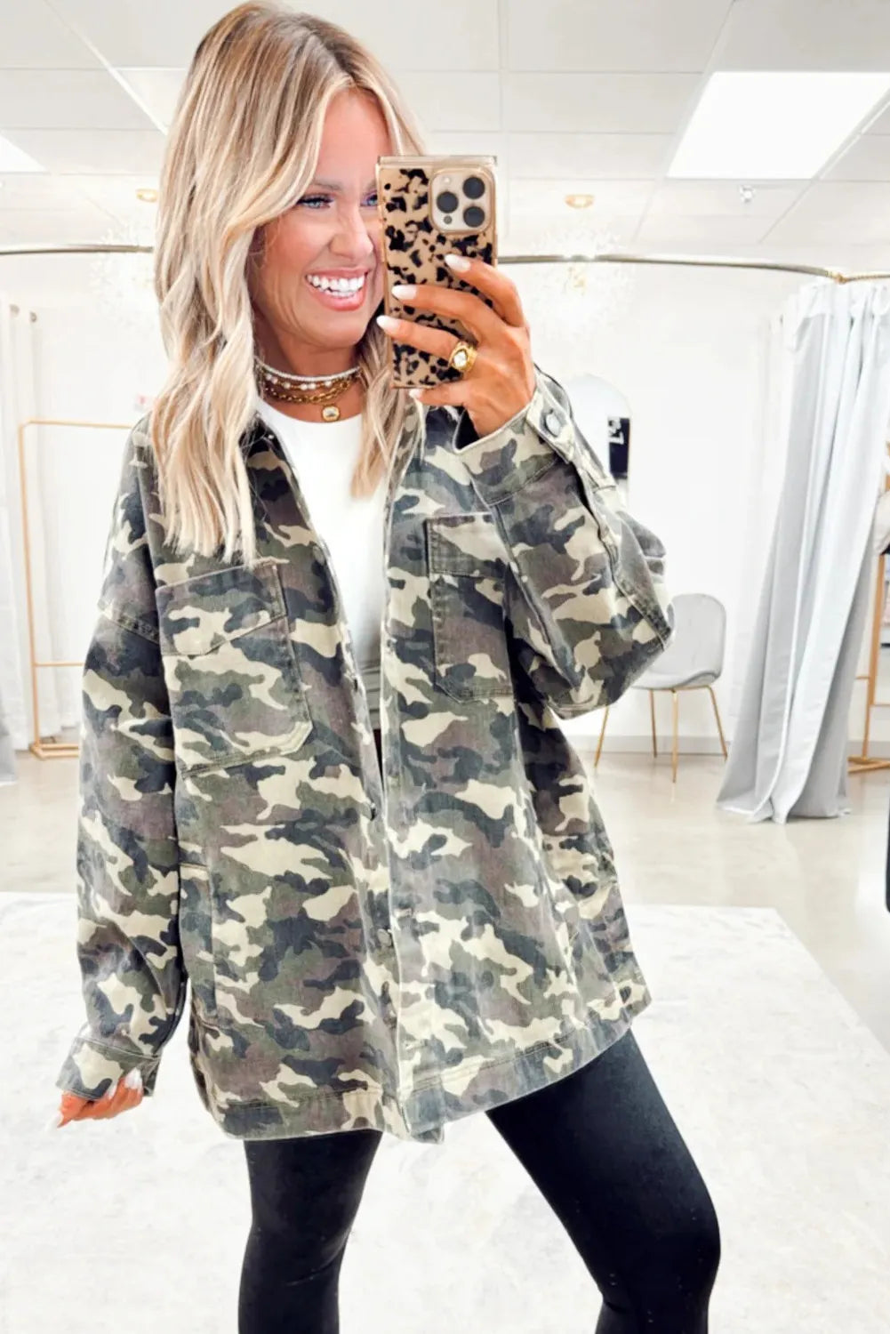 Green Camo Chest Pockets Loose Jean Jacket