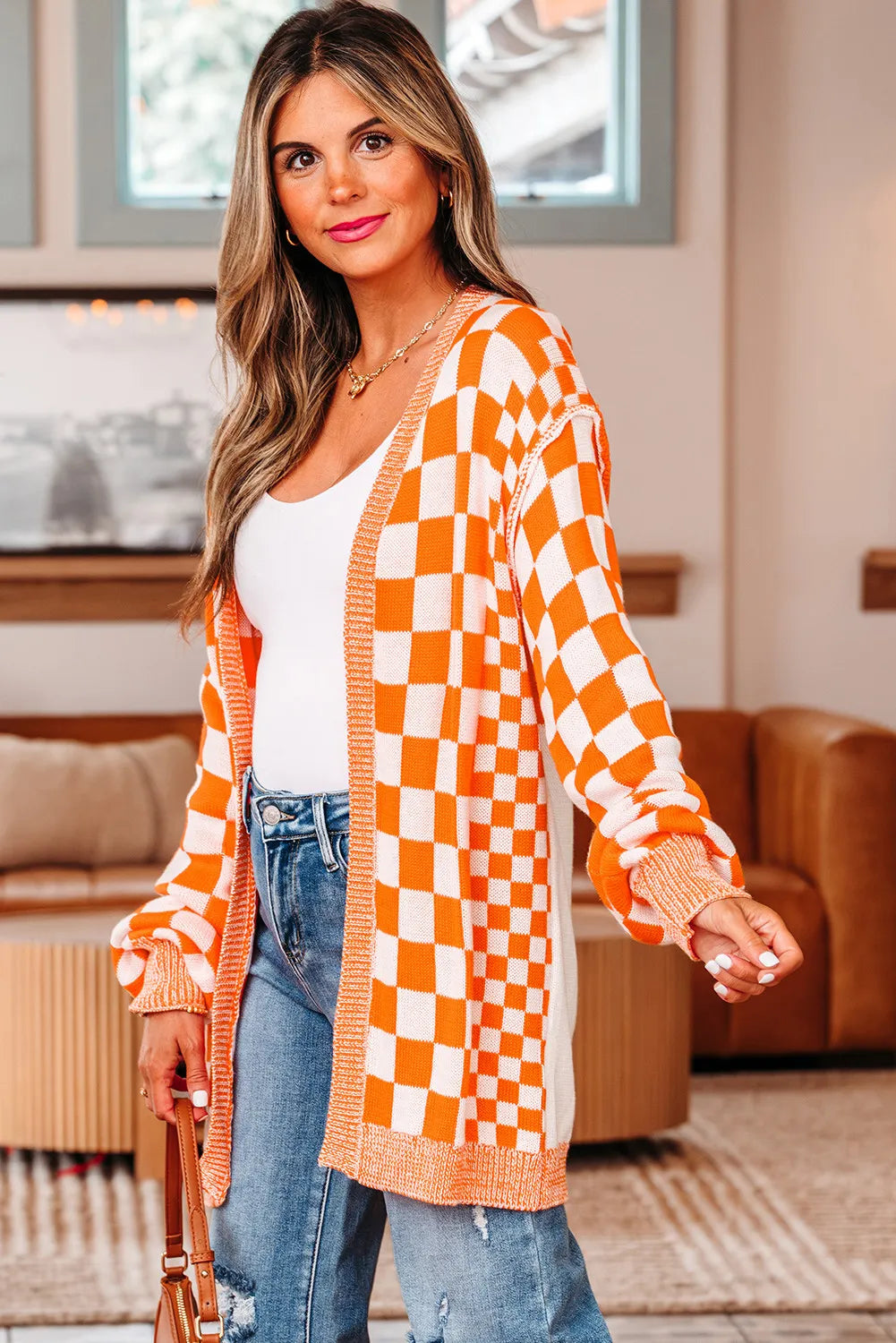 Orange Regular & Plus Size Checkered Bubble Sleeve Drop Shoulder Open Cardigan