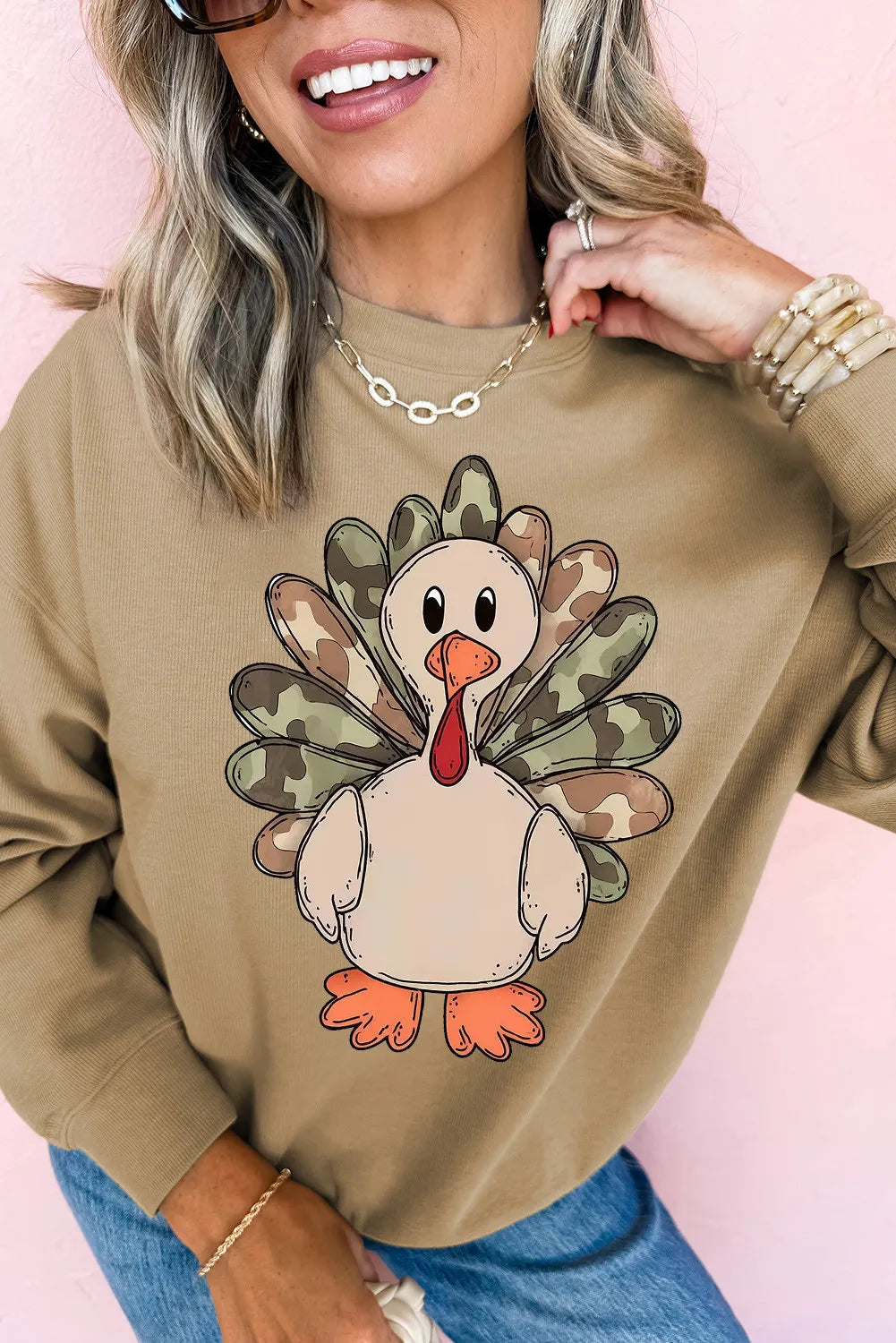Khaki Camouflage Turkey Print Thanksgiving Fashion Graphic Sweatshirt
