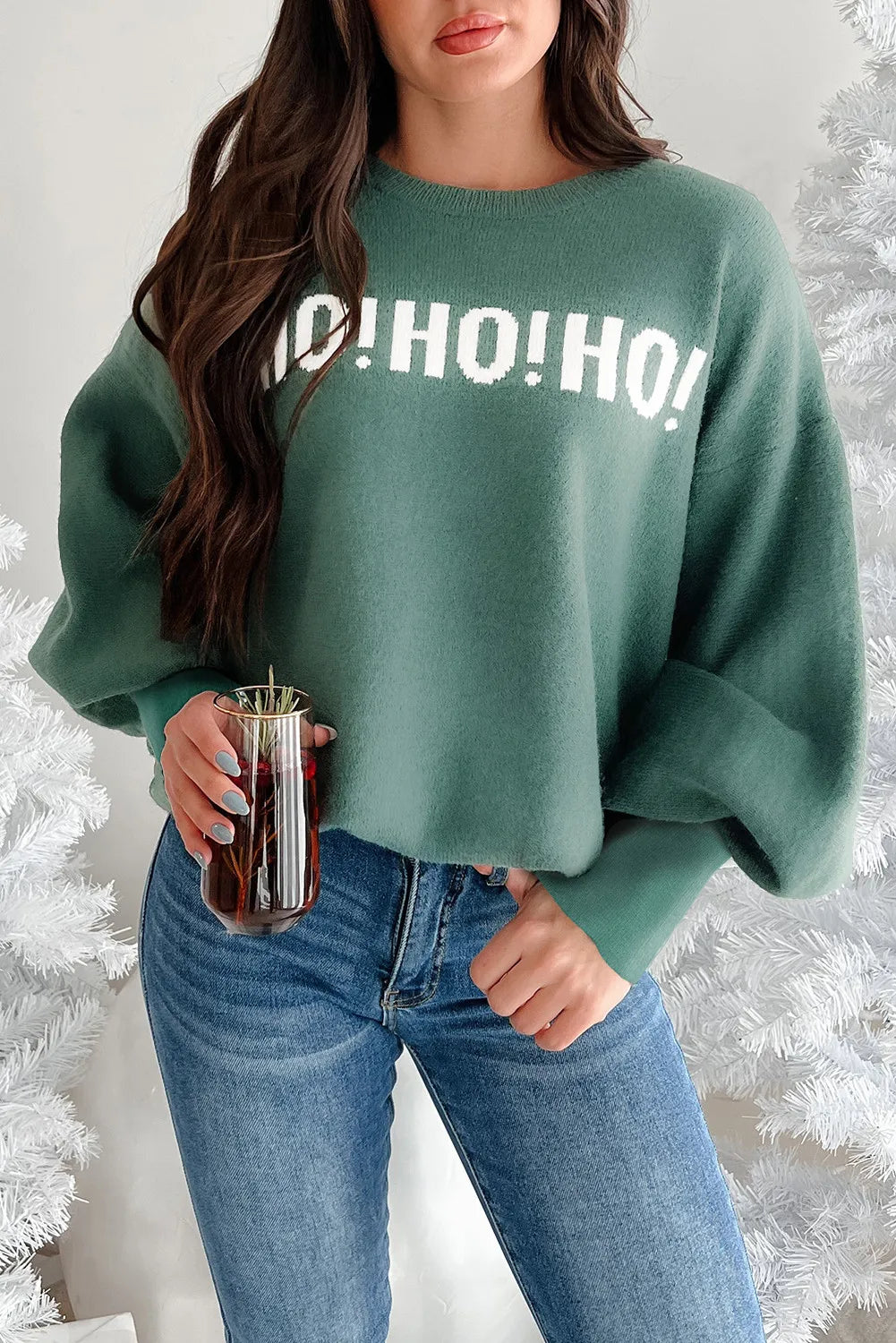 HO HO HO MERRY CHRISTMAS Drop Shoulder Loose Sweater