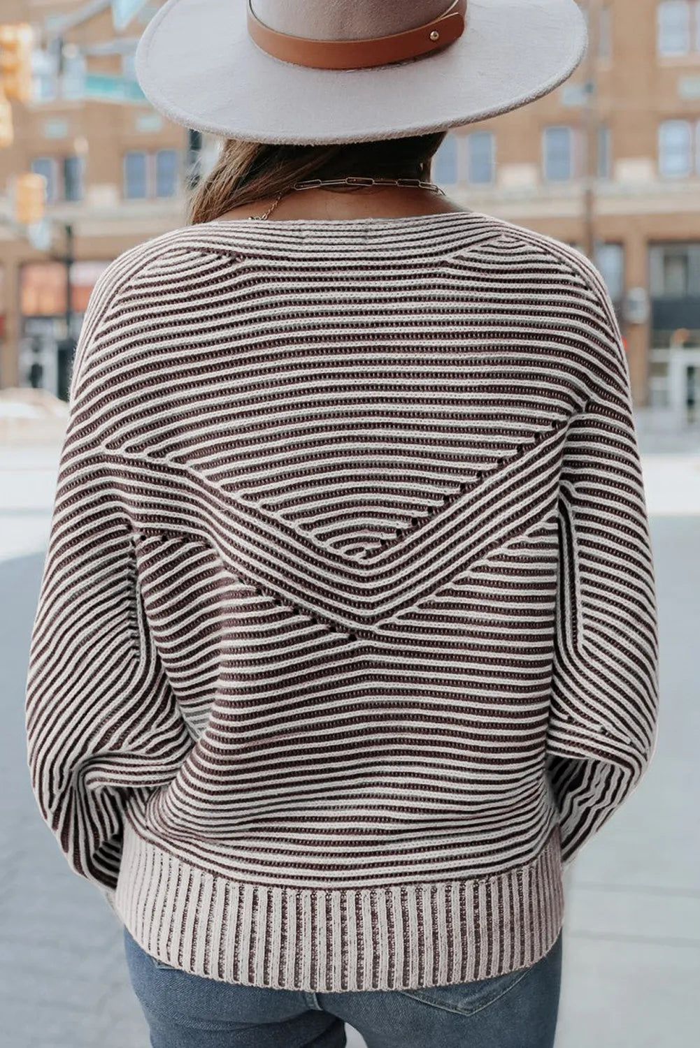 Coffee Striped Print Ribbed Knit Boat Neck Baggy Sweater