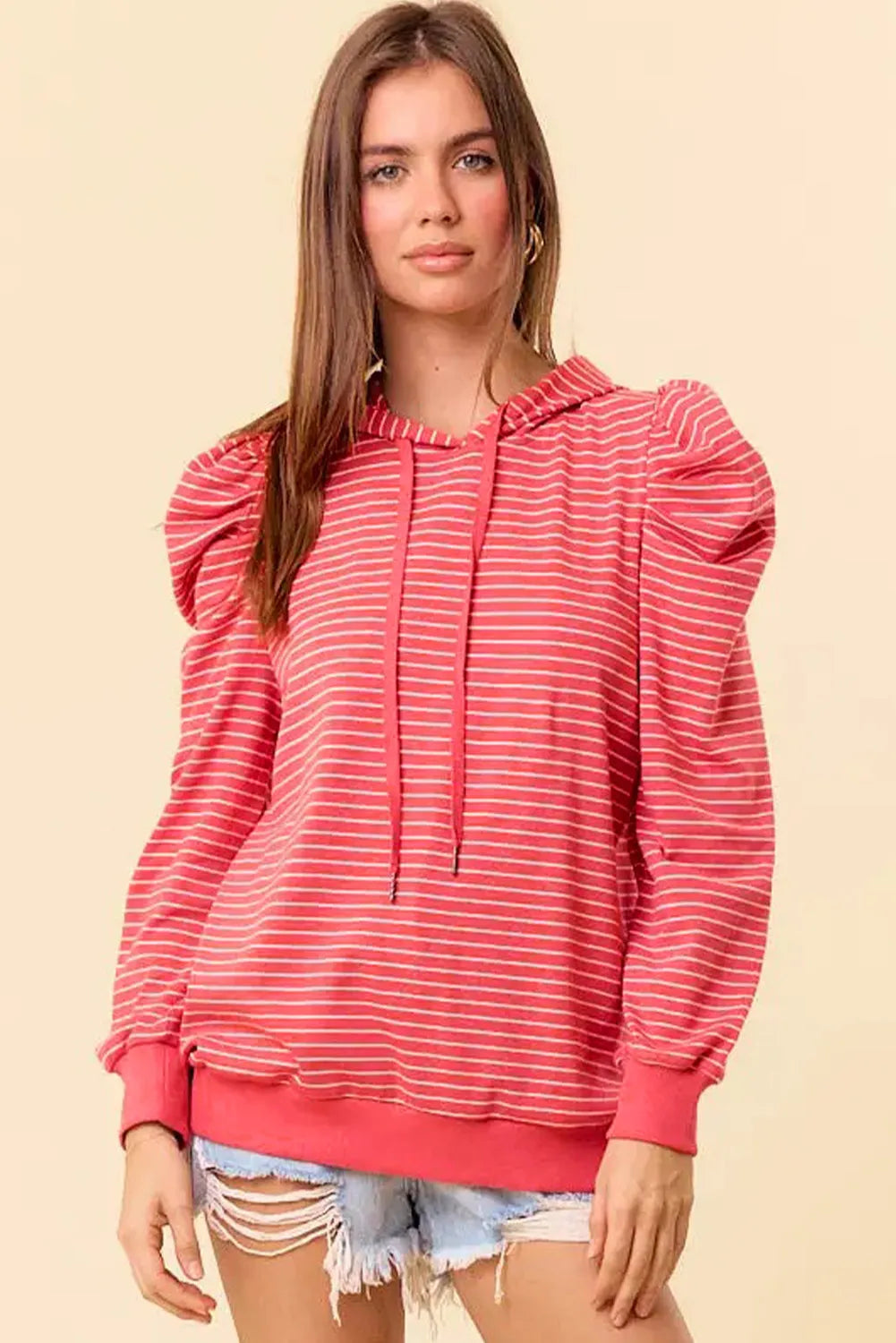 Red Stripe Puff Sleeve Stripe Hoodie