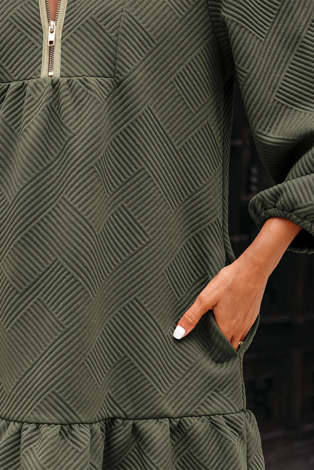 Jungle Green Quarter Zip Collar Bracelet Sleeve Textured Mini Dress