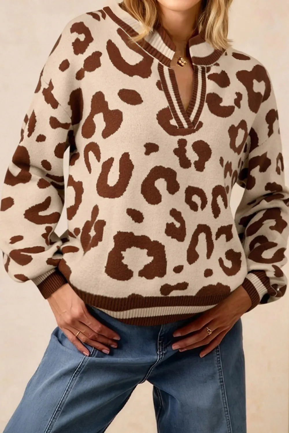 Beige Leopard Printed Knit V Neck Sweater