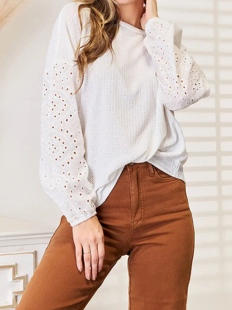 Eyelet Dropped Shoulder Round Neck Blouse