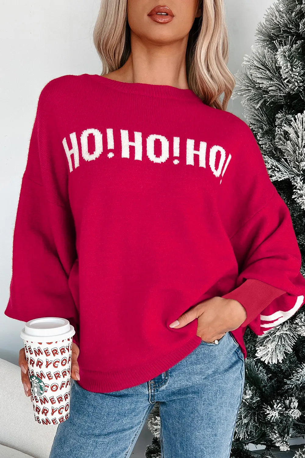 HO HO HO MERRY CHRISTMAS Drop Shoulder Loose Sweater