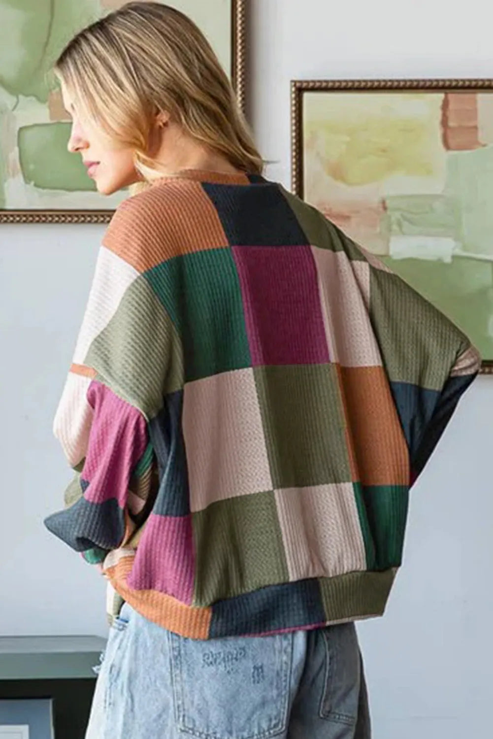 Green Checkered Print Textured Knit Long Sleeve Loose Top