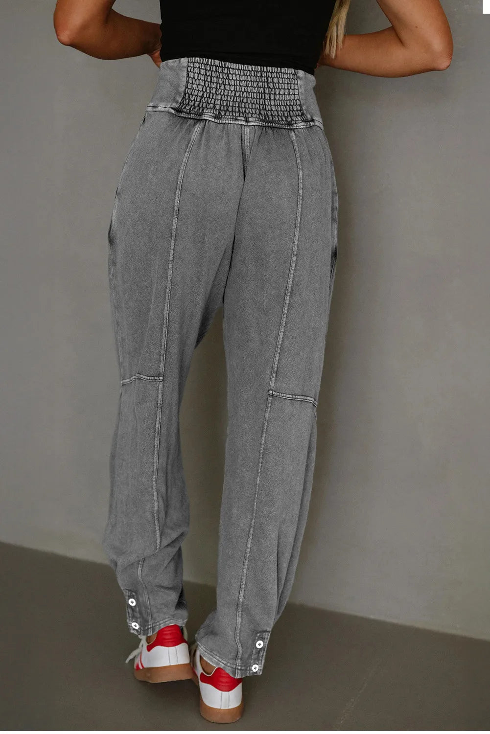 Grey Mineral Wash Jogger Style High Waist Casual Pants