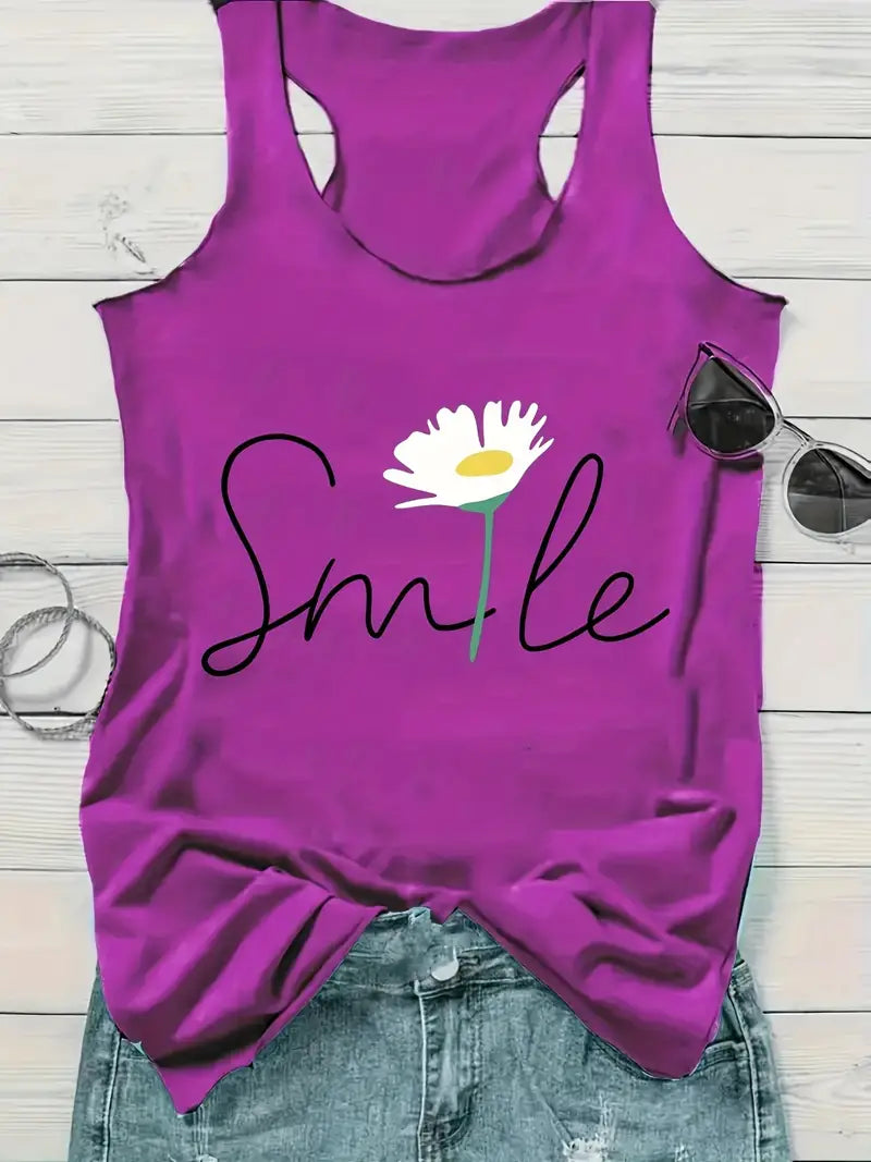 A White Flower Printed Loose Tank Top