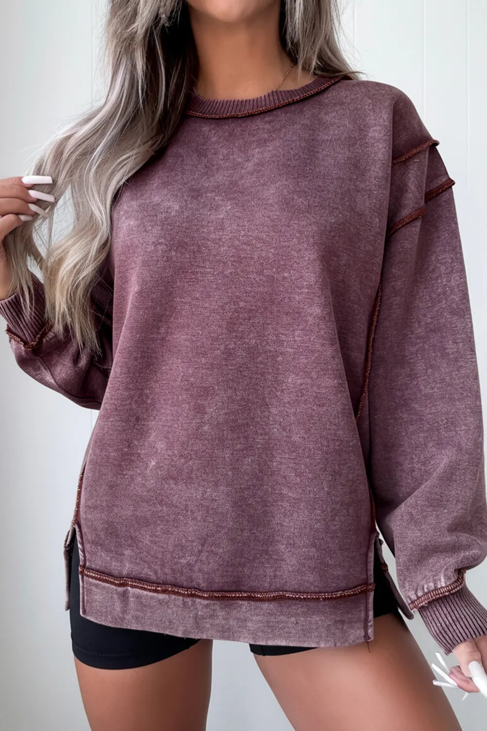 Red Wine Mineral Wash Exposed Seam Side Slit Sweatshirt