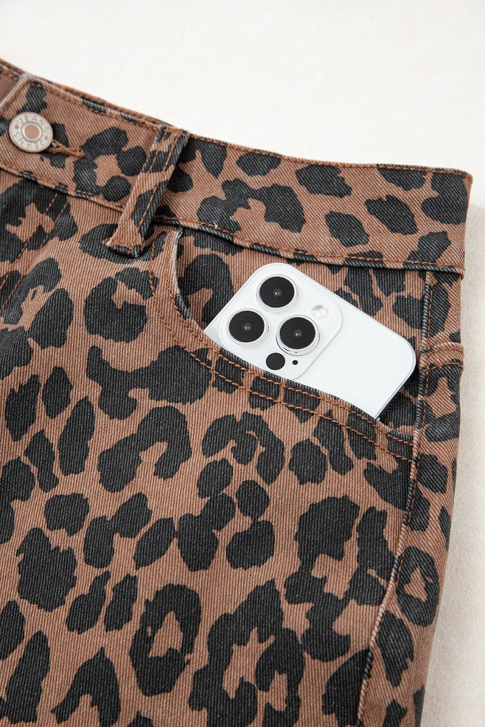 Brown Leopard Denim Frayed Split Denim Midi Skirt