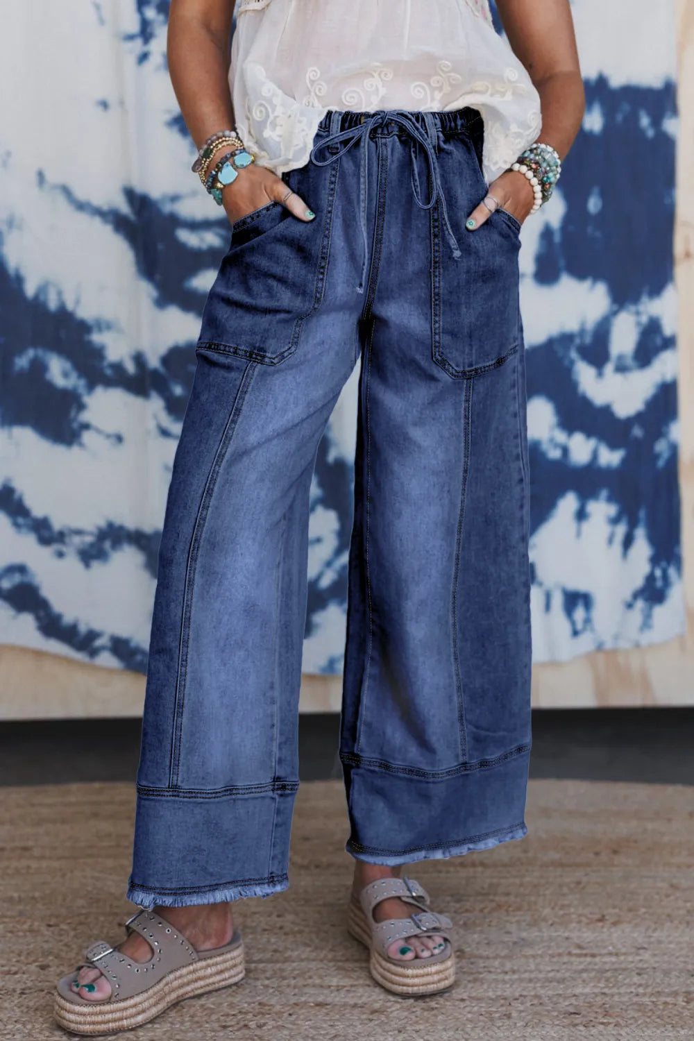 Drawstring Raw Hem Wide Leg Denim Pants – Ella and Roo