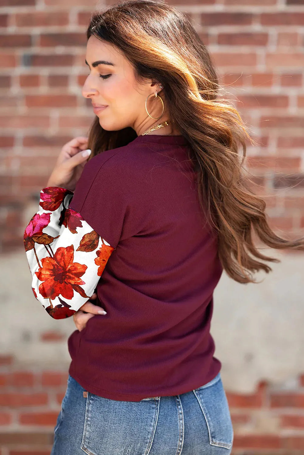 Wild Ginger Contrast Floral Sleeve Solid Ribbed Body Patchwork Long Sleeve Top