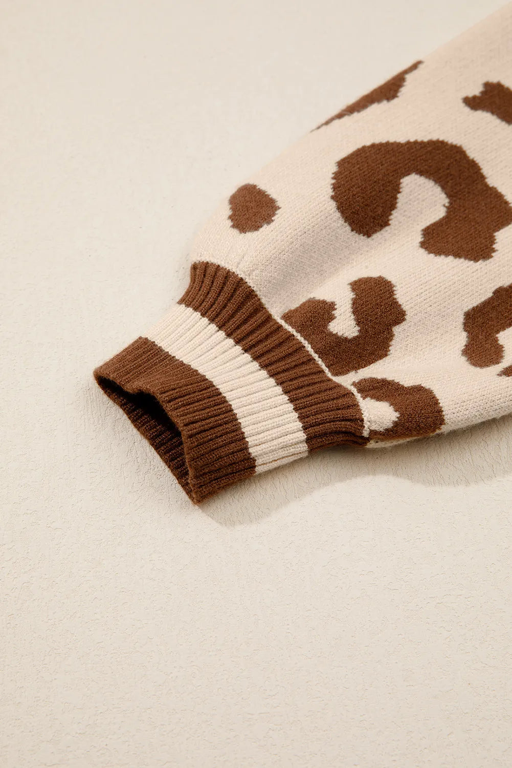 Beige Leopard Printed Knit V Neck Sweater