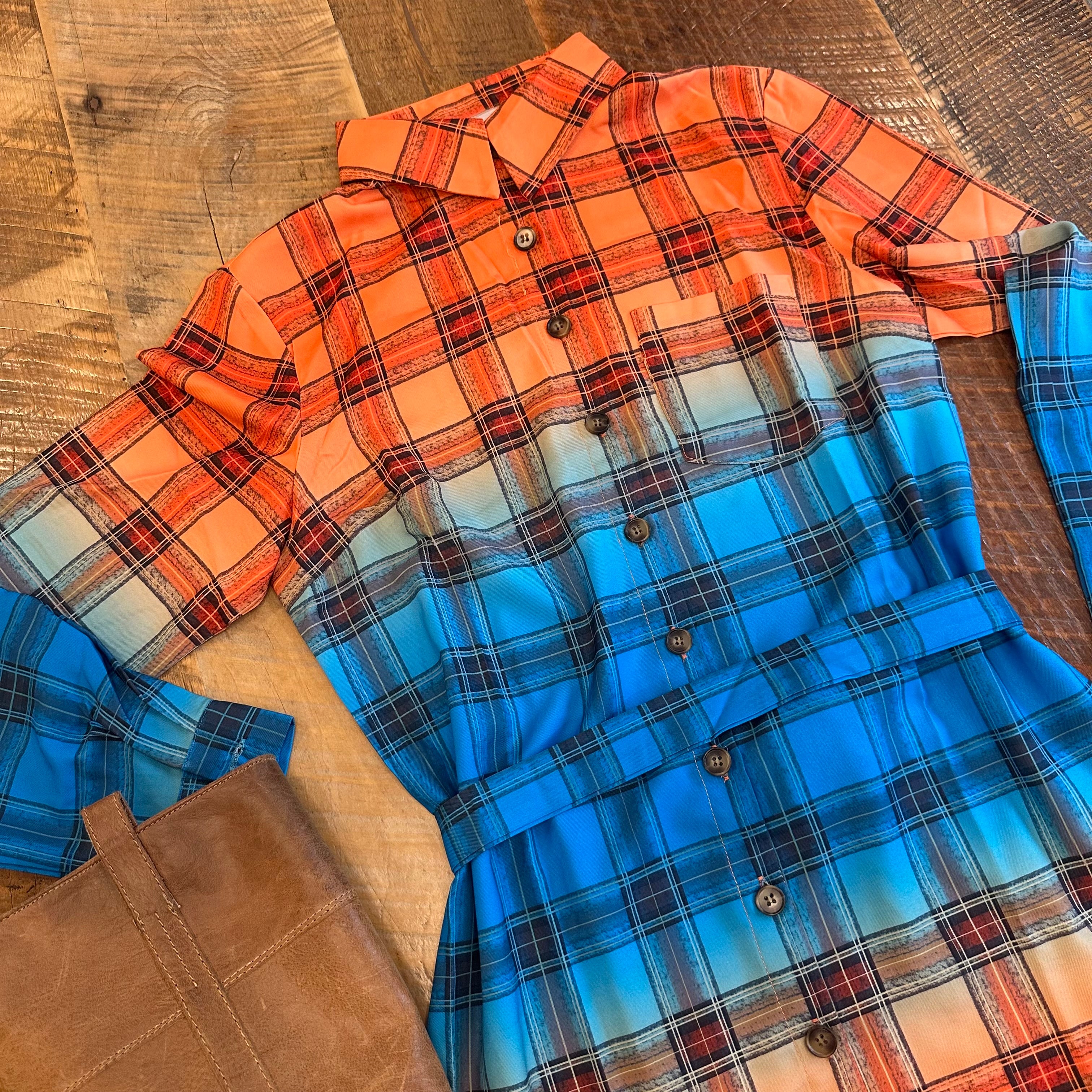 Orange Gradient Plaid Button Front Mini Shirt Dress 2591