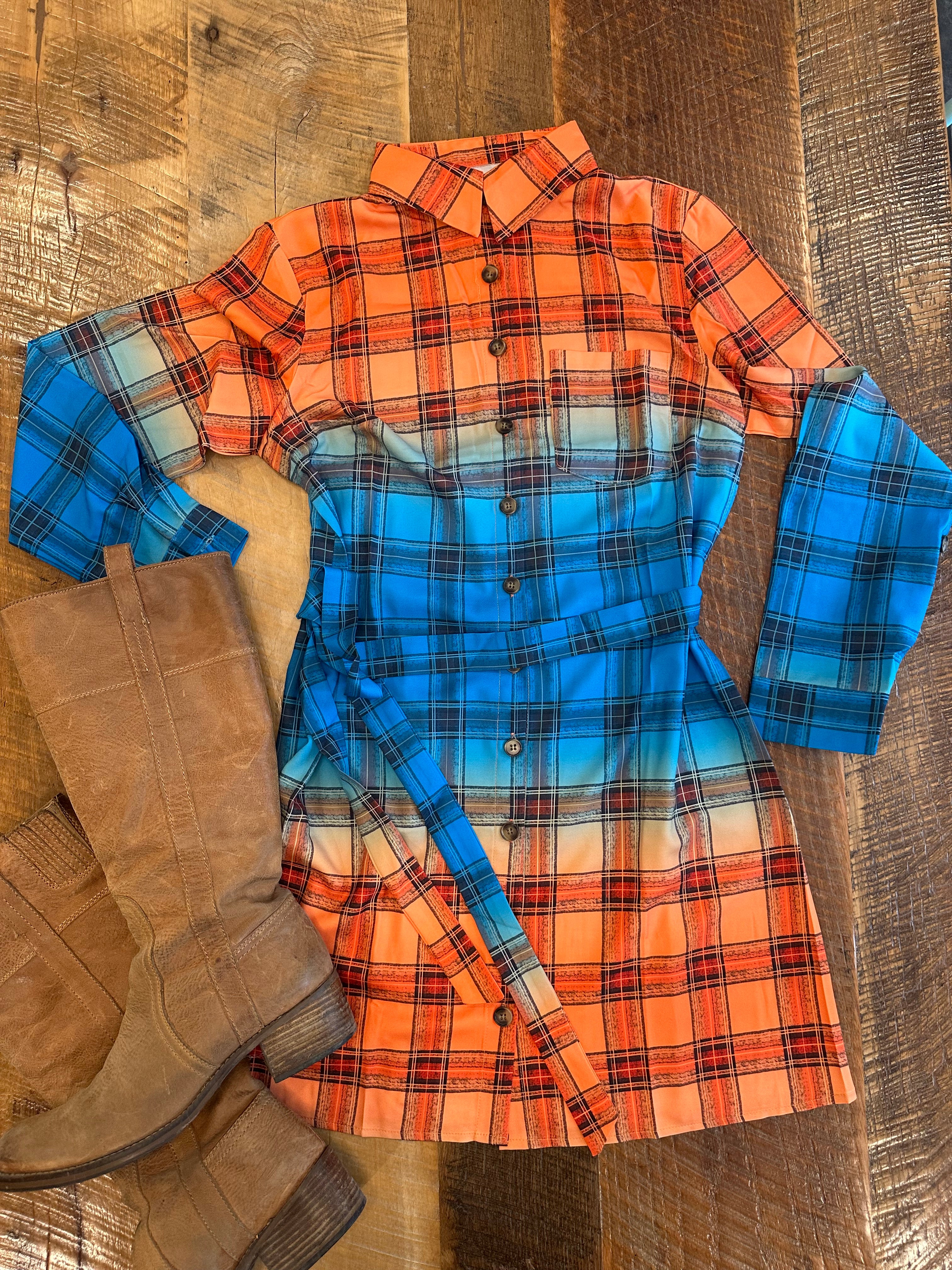 Orange Gradient Plaid Button Front Mini Shirt Dress 2591