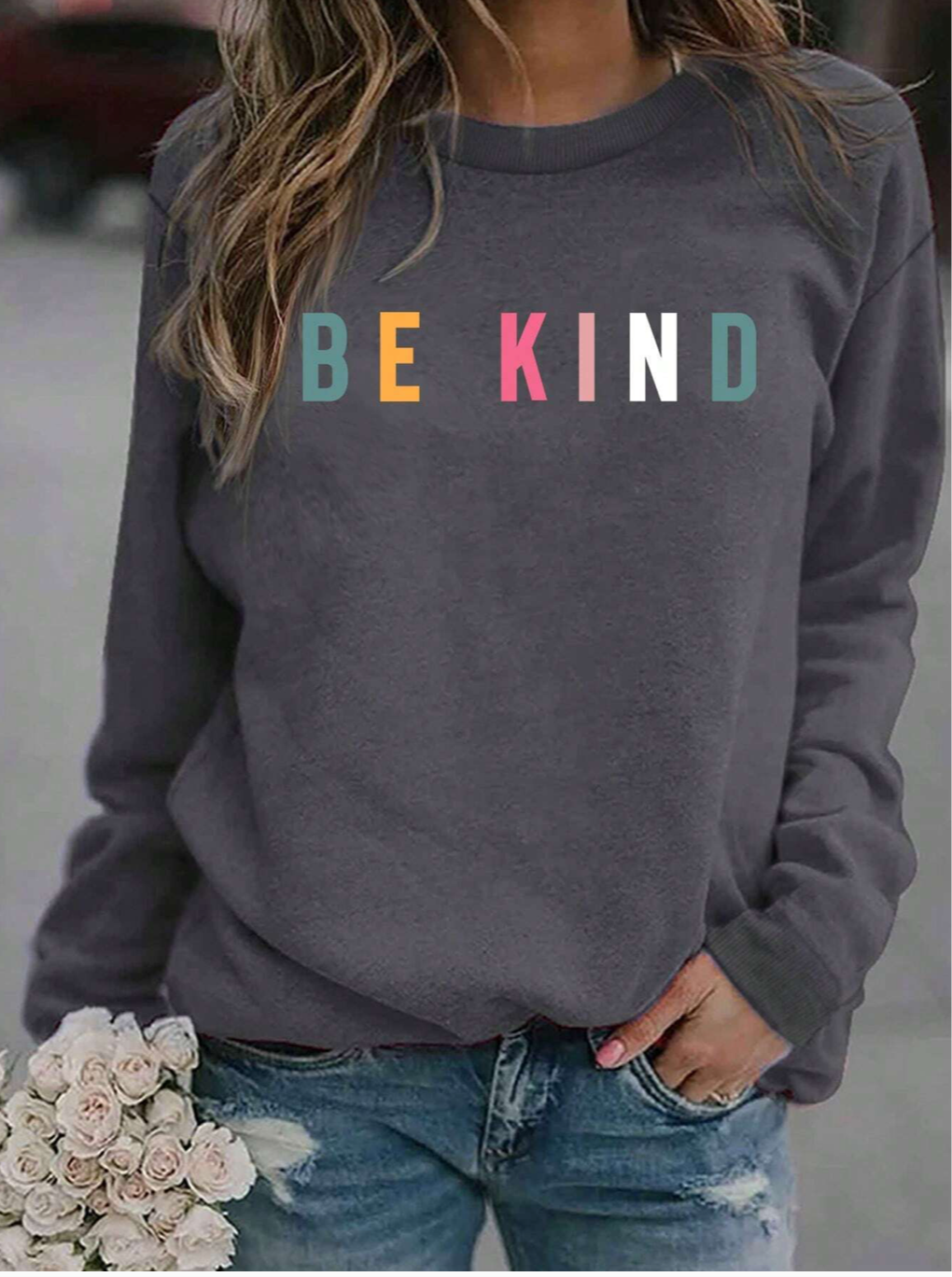 Letter Print Casual Round Neck Sweatshirt SH2228 BE KIND