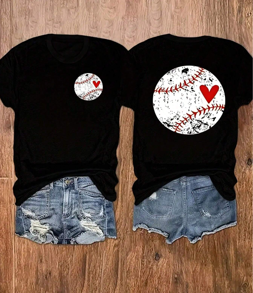 Women's Baseball Heart Print Round Neck T-Shirt SH7732