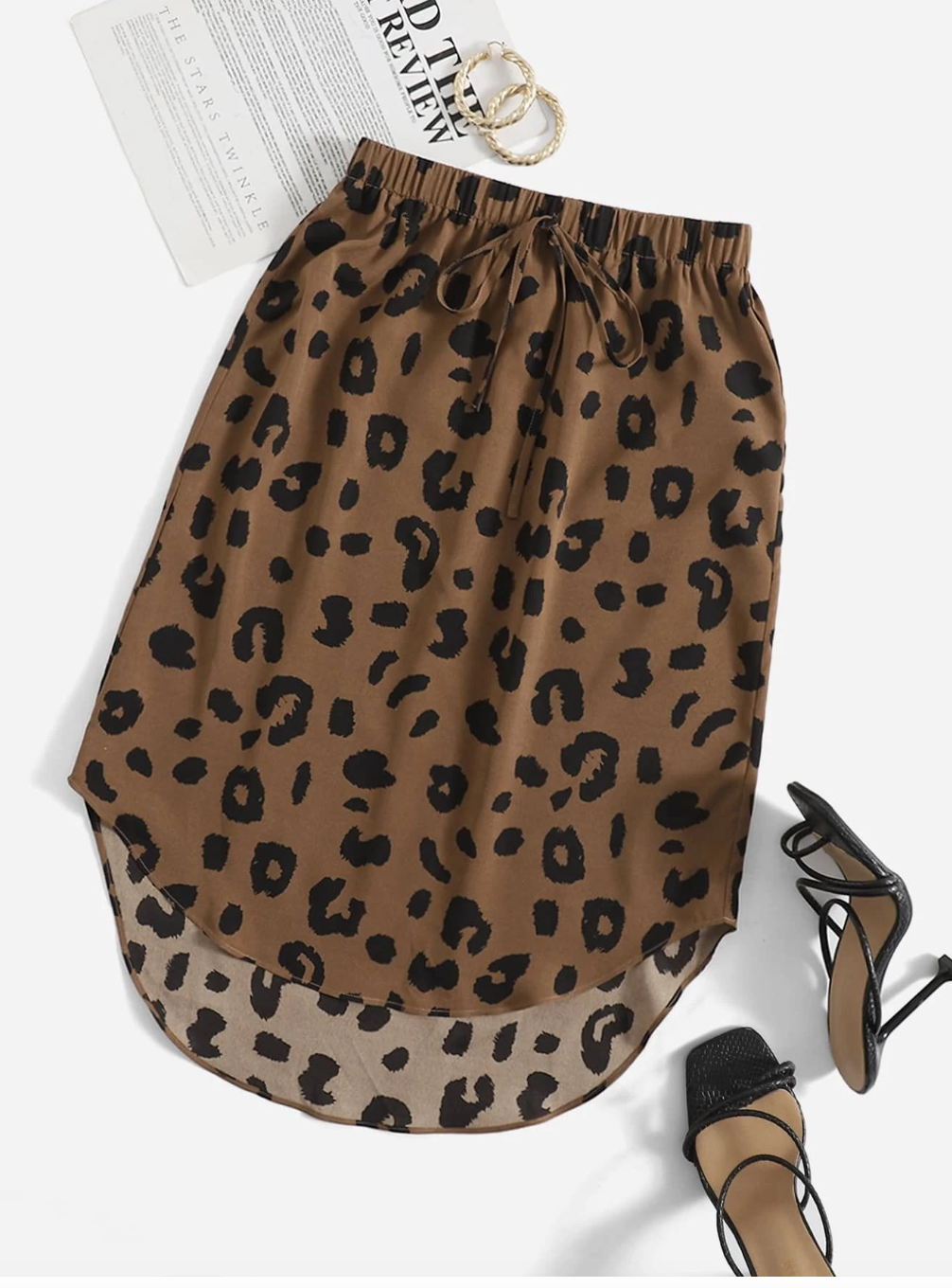 Leopard Print Knot Front Curved Hem A-line Skirt SH1915