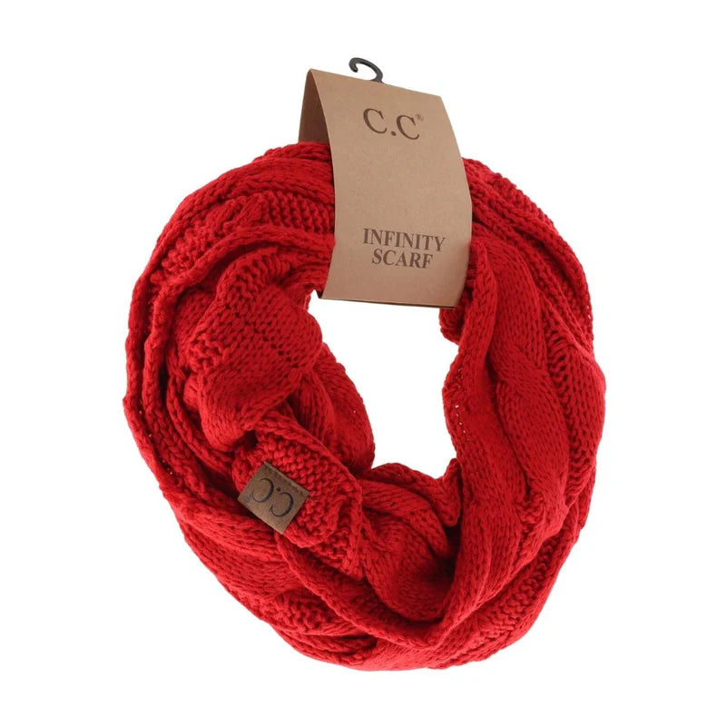 CC Red Infinity Cable Knit Scarf