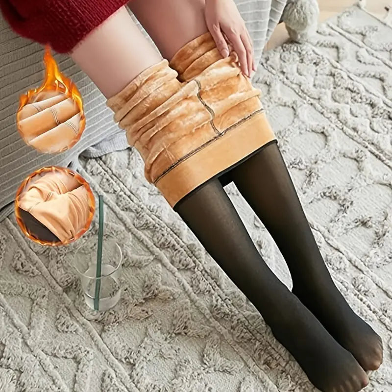 1 Pair Plush Lined Tights, Warm & Thickened High Waist Elastic Leggings Pants 1180