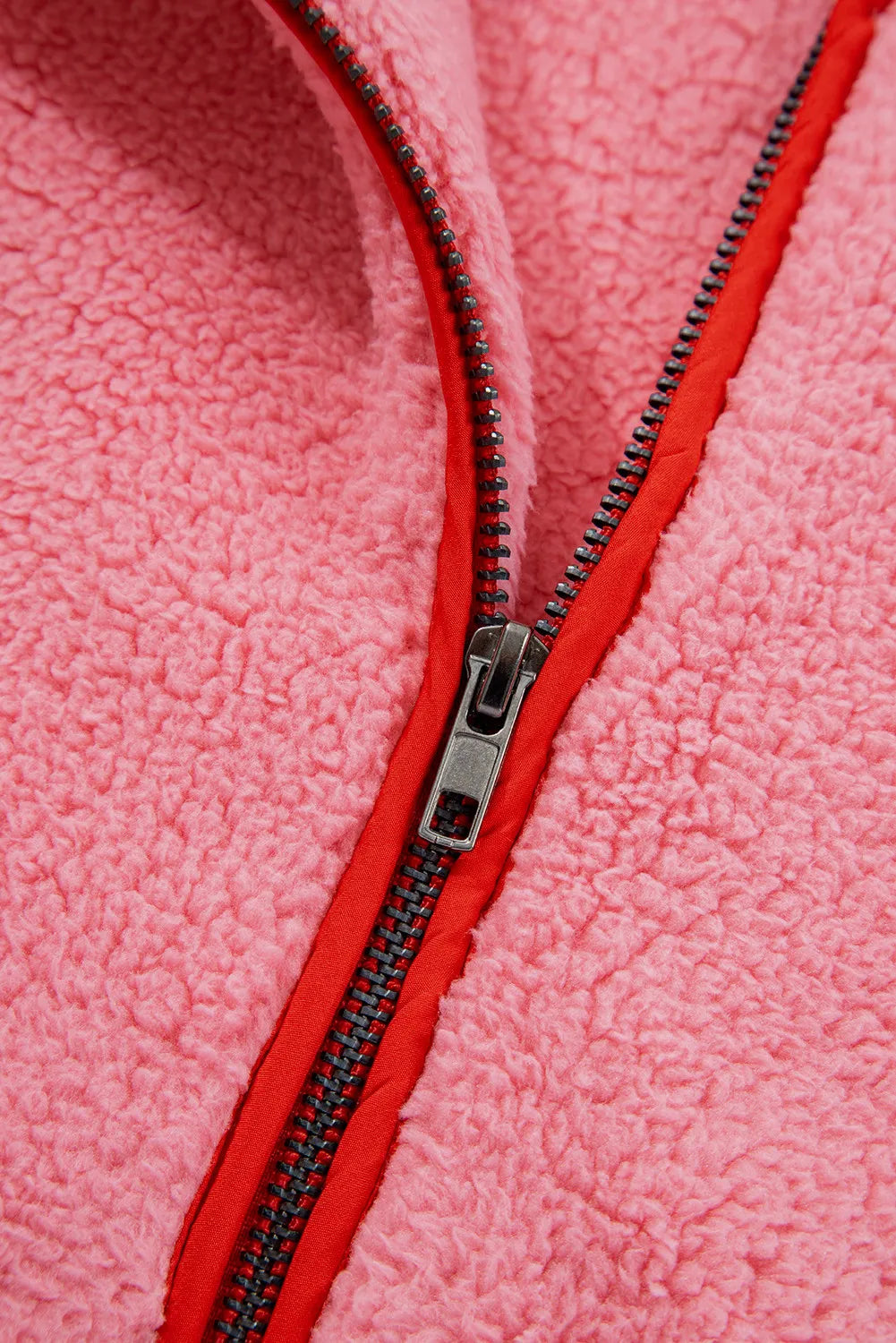 Strawberry Pink Sherpa Contrast Faux Leather Trim Half Zip Pocketed Pullover Sweatshirt