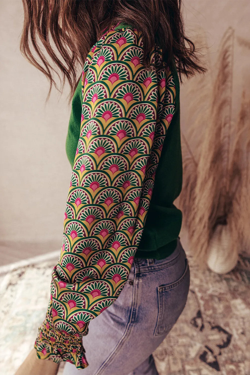 Green Floral Patchwork Shirred Cuff Puff Sleeve Sweater