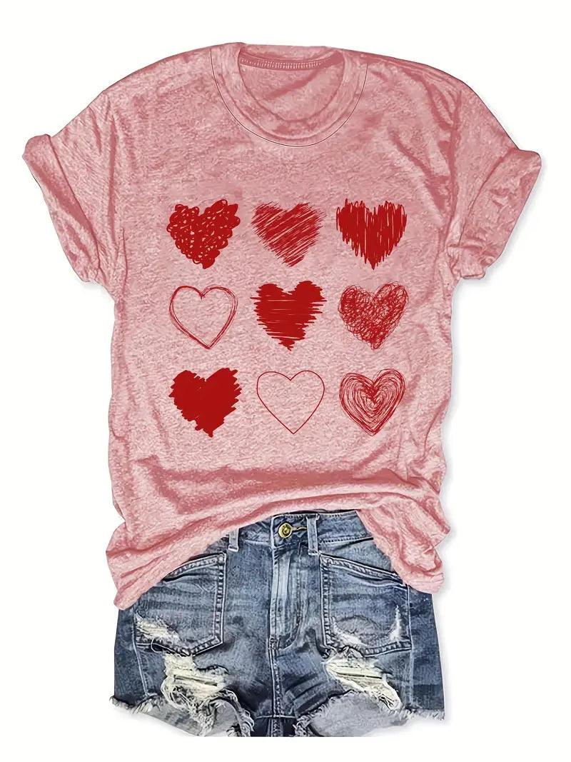 Casual Loose-Fit Short Sleeve T-Shirt with Round Neck, Heart Pattern