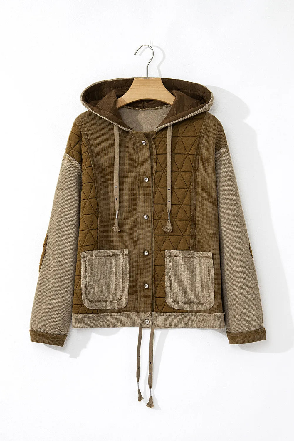 Jungle Green Quilted Textured Patchwork Loose Fit Hooded Jacket