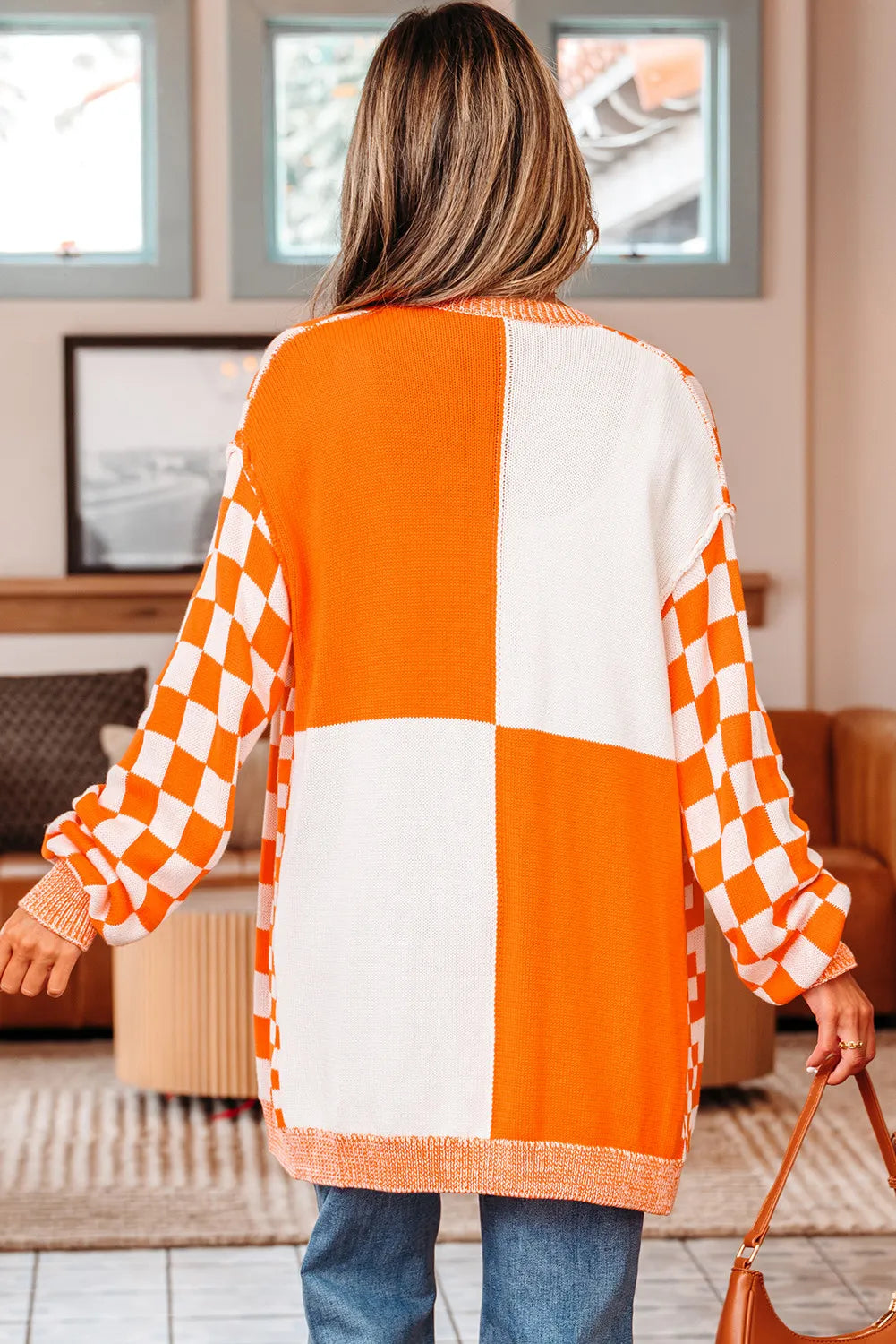 Orange Regular & Plus Size Checkered Bubble Sleeve Drop Shoulder Open Cardigan