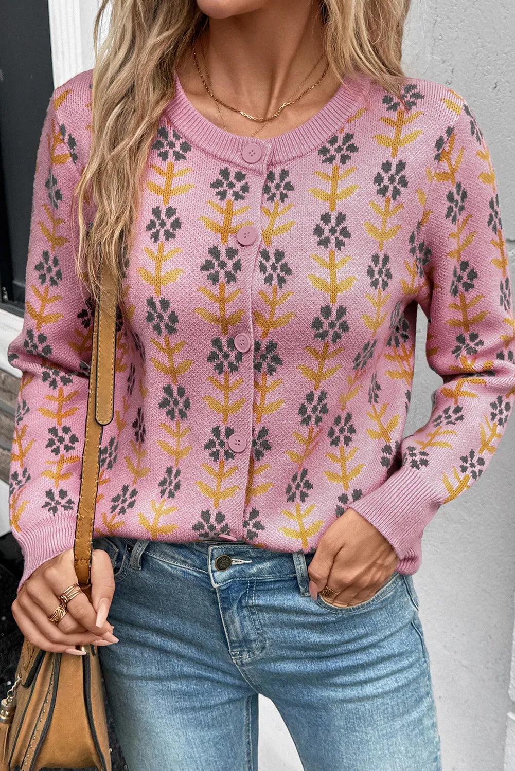 Cardigan - Pink with Gray/Gold Flowers