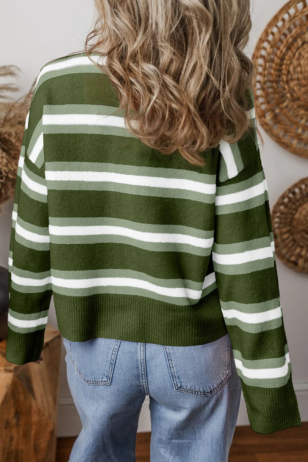 Green Stripe Drop Shoulder Buttons Cardigan Sweater