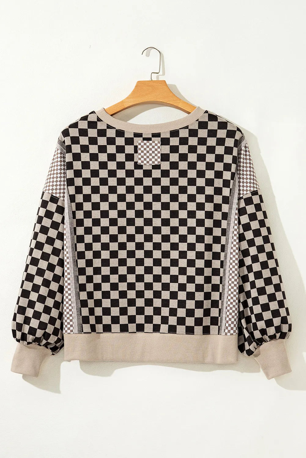Khaki Mixed Checkered Pattern Patchwork High Low Casual Top