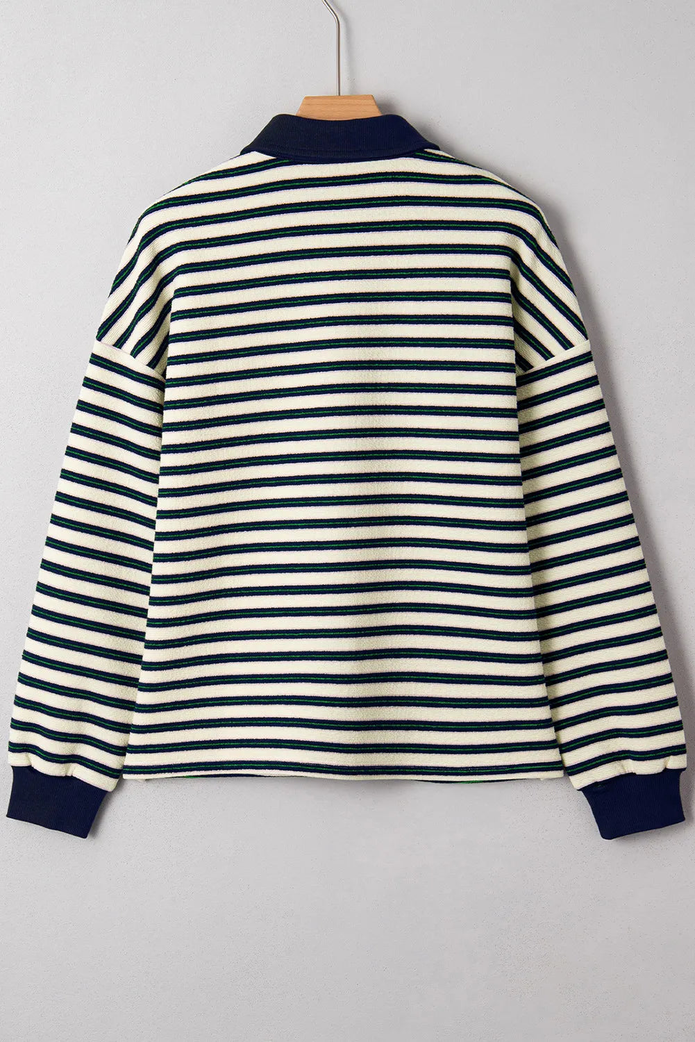 Navy Blue Striped Print Contrast Collar Zip V Neck Long Sleeve Top