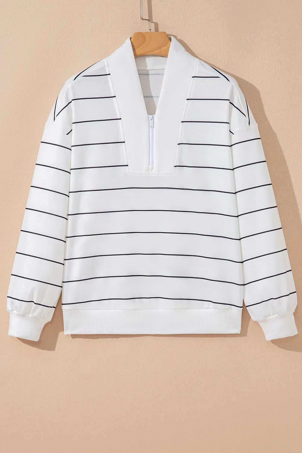 White with Black Stripe Zip V Neck Casual Stripe Print Drop Shoulder Long Sleeve Top