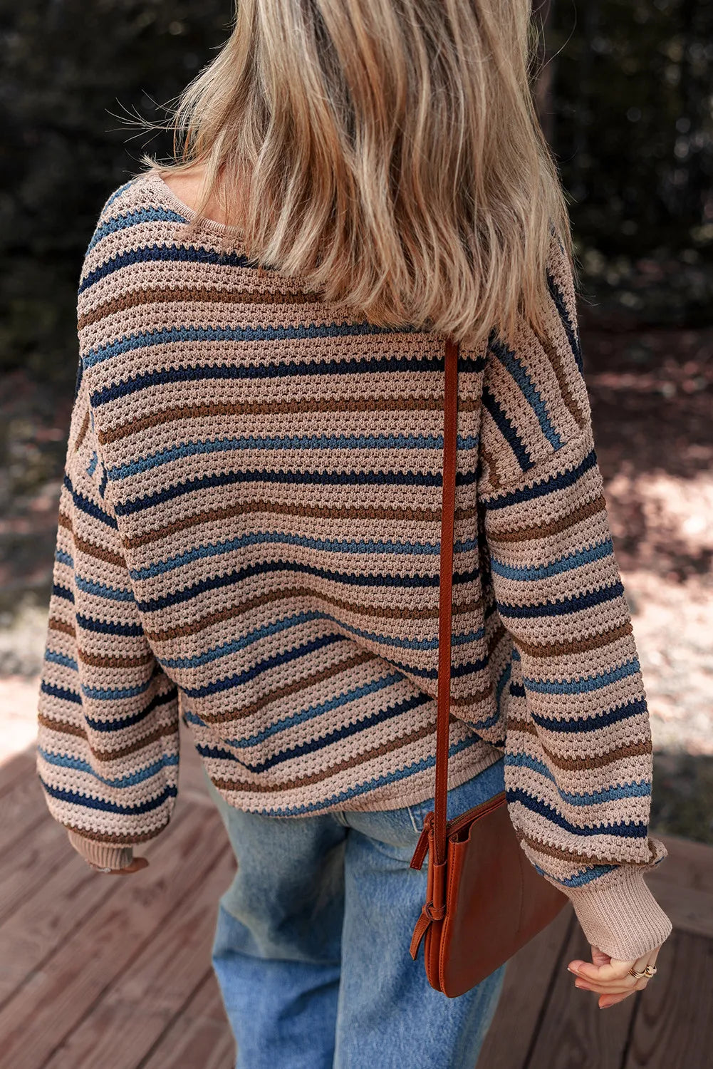 Blue and Brown Striped Knitted Drop Shoulder Round Neck Sweater