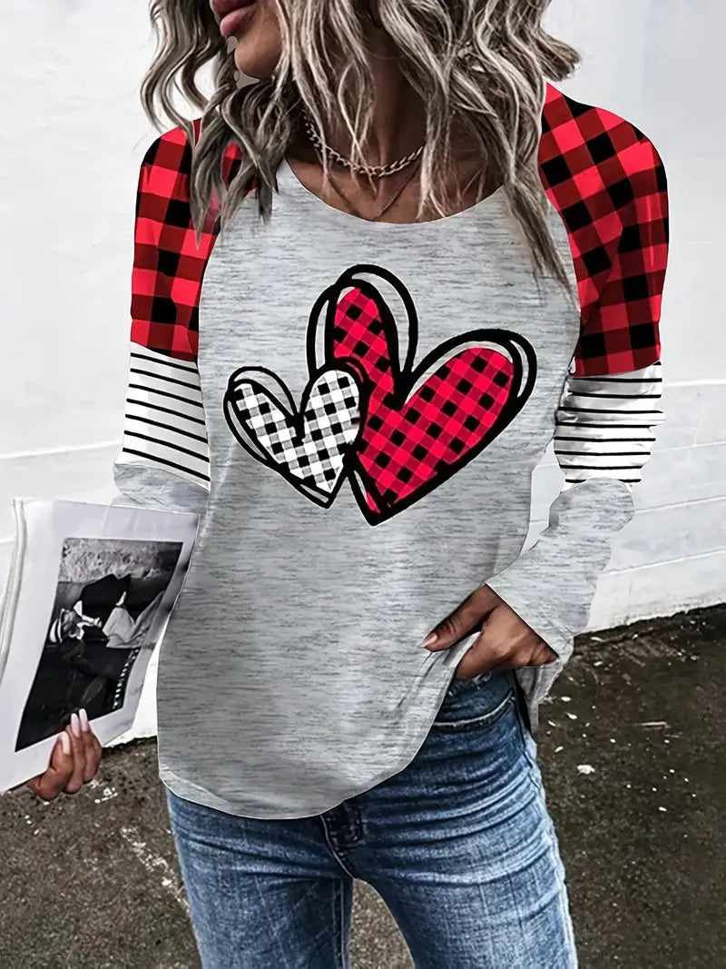 Plaid Heart & Stripe Print T-Shirt 5555