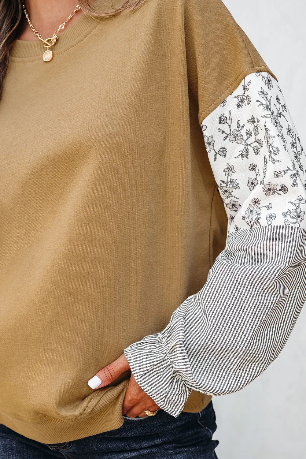 Camel Floral Striped Patchwork Ruffled Sleeve Crew Neck Sweatshirt